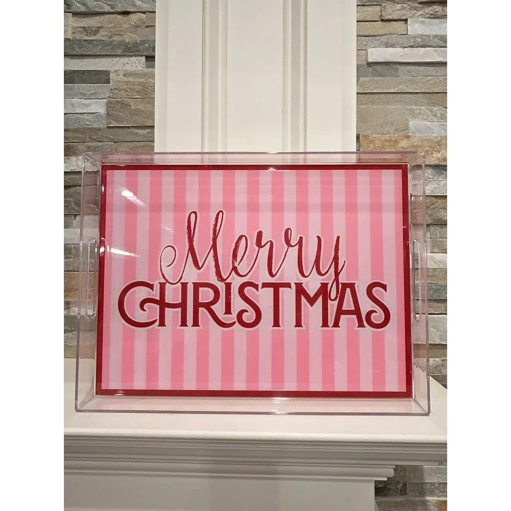 Ashland Berry Jolly Christmas Tray Pink Red White Plastic Glossy 16x11x1.5”